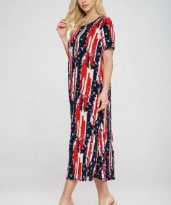 Jostar Plus Size American Print Long Dress Short Sleeve Plus- 702BN-SXP1-W306