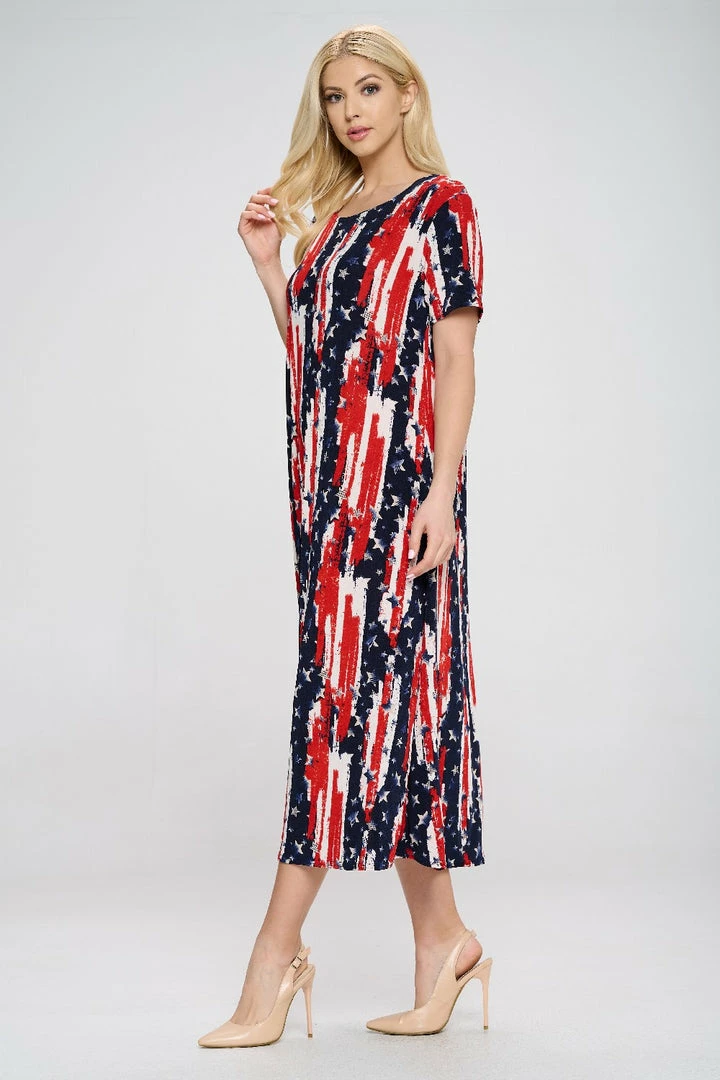 Jostar Plus Size American Print Long Dress Short Sleeve Plus- 702BN-SXP1-W306