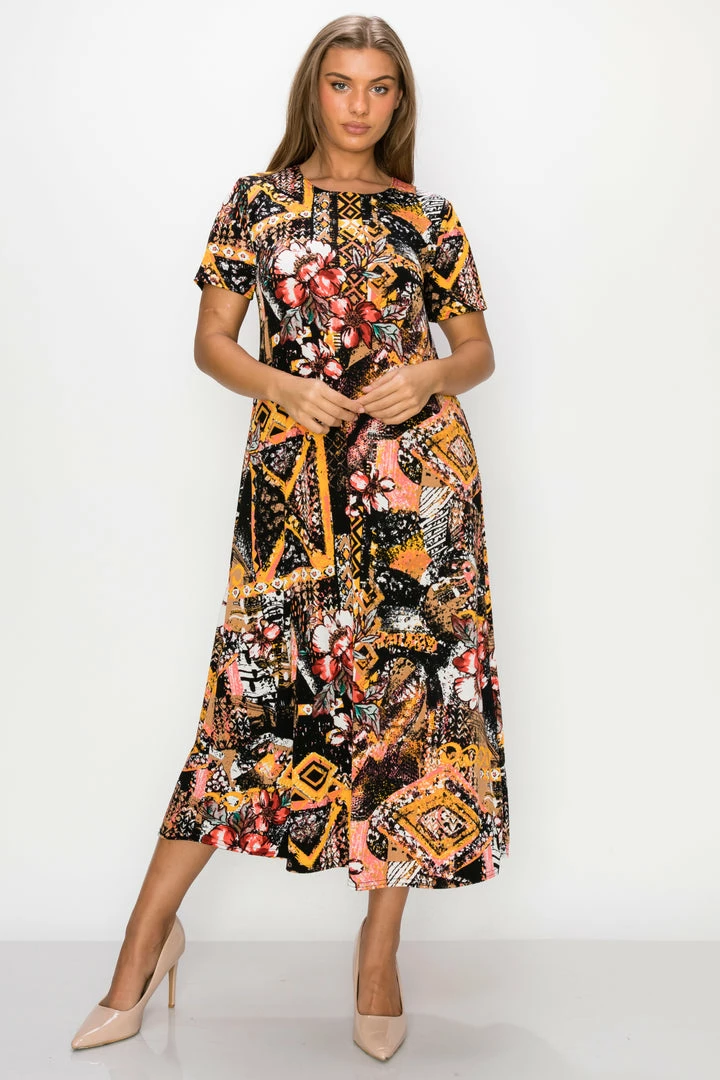 Jostar Women's Stretchy Long Dress Short Sleeve Print, 702BN-SRP1-W316 Short Length