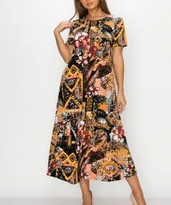 Jostar Women's Stretchy Long Dress Short Sleeve Print, 702BN-SRP1-W316 Short Length