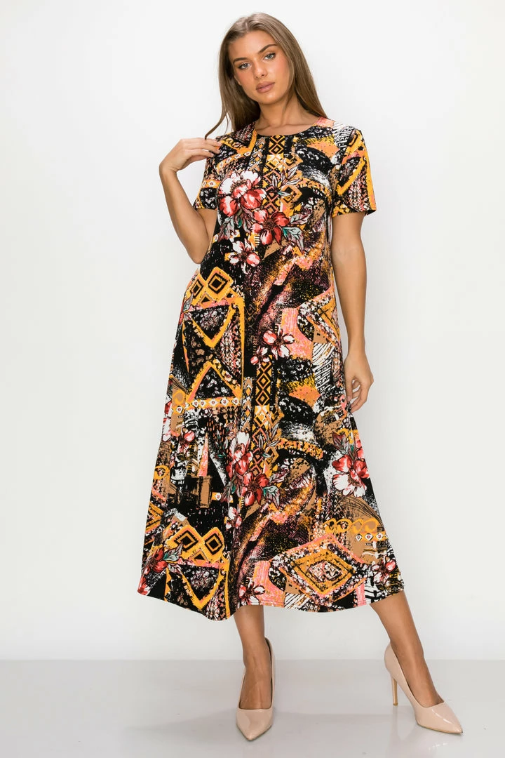 Jostar Women's Stretchy Long Dress Short Sleeve Print, 702BN-SRP1-W316 Short Length
