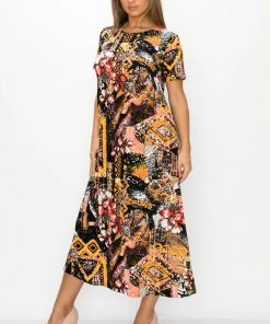 Jostar Women's Stretchy Long Dress Short Sleeve Print, 702BN-SRP1-W316 Short Length