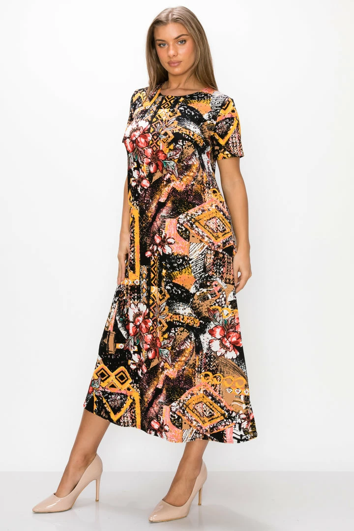 Jostar Women's Stretchy Long Dress Short Sleeve Print, 702BN-SRP1-W316 Short Length