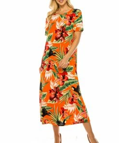 Jostar Women's Stretchy Long Dress Short Sleeve Print, 702BN-SRP1-W320 Long Length