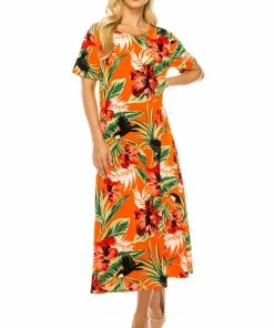 Jostar Women's Stretchy Long Dress Short Sleeve Print, 702BN-SRP1-W320 Long Length