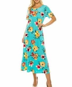 Jostar Women's Stretchy Long Dress Short Sleeve Print, 702BN-SP-W322 Dresses