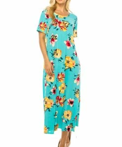 Jostar Women's Stretchy Long Dress Short Sleeve Print, 702BN-SP-W322 Dresses