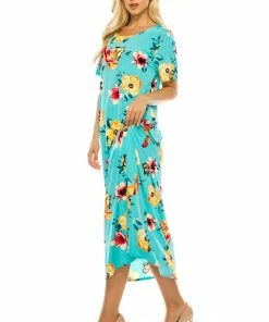 Jostar Women's Stretchy Long Dress Short Sleeve Print, 702BN-SP-W322 Dresses