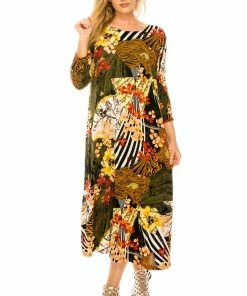 Quarter Sleeves Jostar Women's Stretchy Long Dress 3/4 Sleeve Print, 702BN-QP-W168