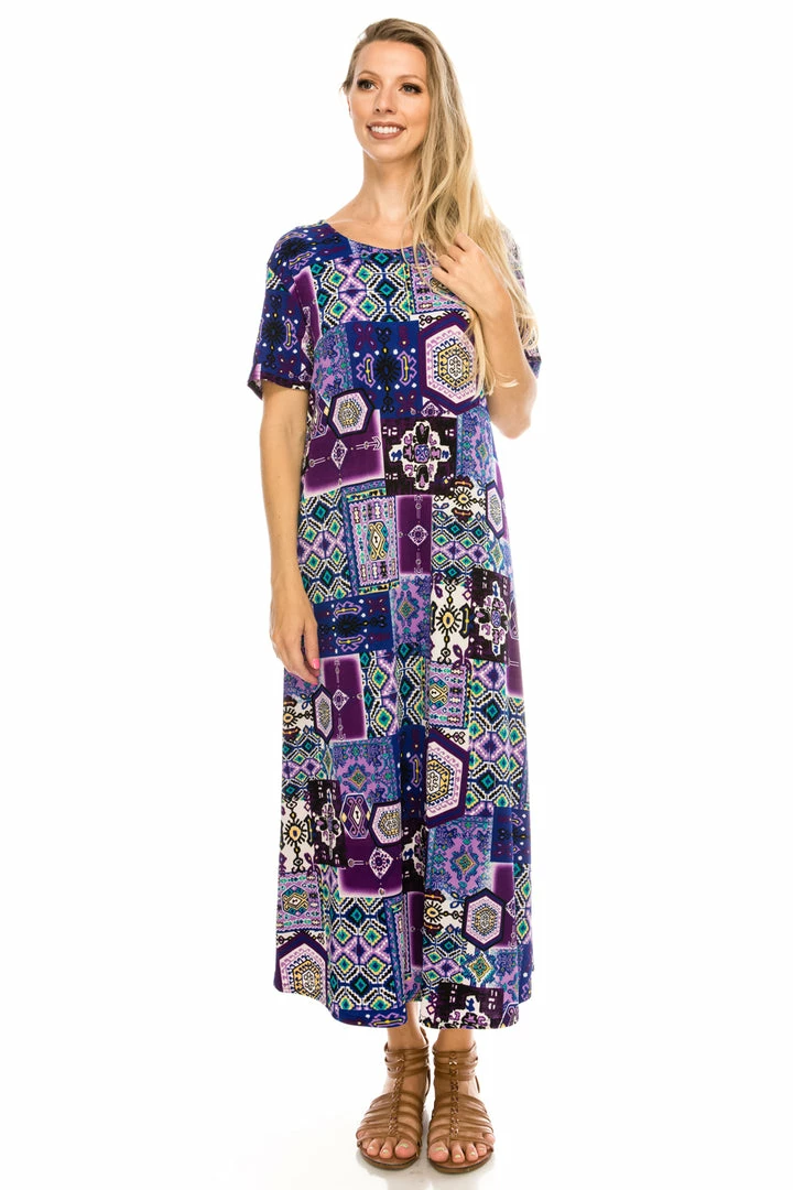 Long Length Jostar Women's Stretchy Long Dress Short Sleeve Print-702BN-SRP1-W166