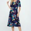 Jostar Quarter Sleeves BNS Midi V-Neck Dress With Side Slits-781BN-HRP1-W301