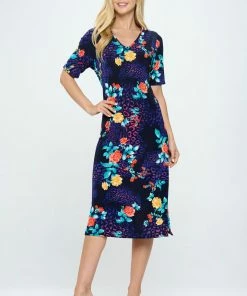 Jostar Quarter Sleeves BNS Midi V-Neck Dress With Side Slits-781BN-HRP1-W301