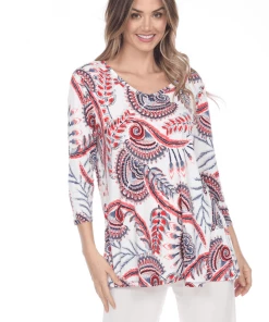 Jostar Women's Hit V-Neck Binding Tunic Top Quarter Sleeve Print-347HT-QRP1-W262 Quarter Sleeves