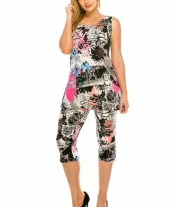 Jostar Women's Stretchy Tank Capri Set Sleeveless Plus Print, 902BN-TXP-W169 Pant Sets