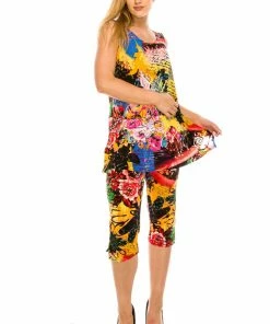 Jostar Women's Stretchy Tank Capri Set Sleeveless Plus Print, 902BN-TXP-W169 Pant Sets