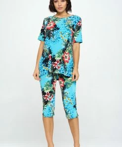 Jostar Floral Print Capri Pant Set Short Sleeve-903BN-SRP1-W326 Pant Sets