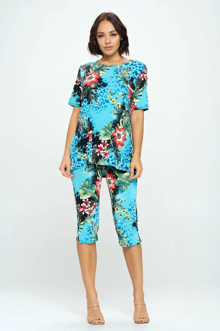 Jostar Floral Print Capri Pant Set Short Sleeve-903BN-SRP1-W326 Pant Sets