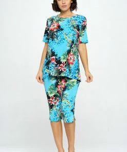 Jostar Floral Print Capri Pant Set Short Sleeve-903BN-SRP1-W326 Pant Sets