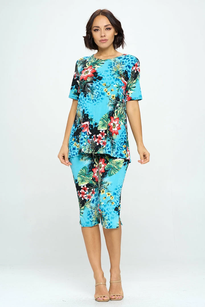 Jostar Floral Print Capri Pant Set Short Sleeve-903BN-SRP1-W326 Pant Sets