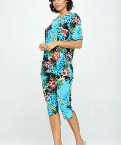 Jostar Floral Print Capri Pant Set Short Sleeve-903BN-SRP1-W326 Pant Sets