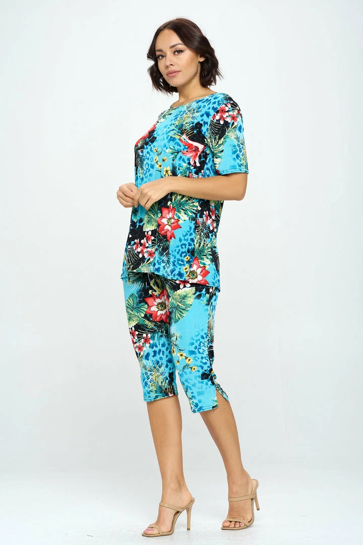 Jostar Floral Print Capri Pant Set Short Sleeve-903BN-SRP1-W326 Pant Sets