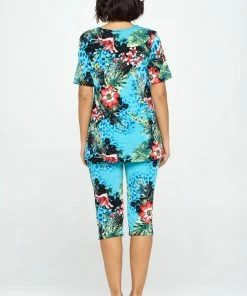Jostar Floral Print Capri Pant Set Short Sleeve-903BN-SRP1-W326 Pant Sets
