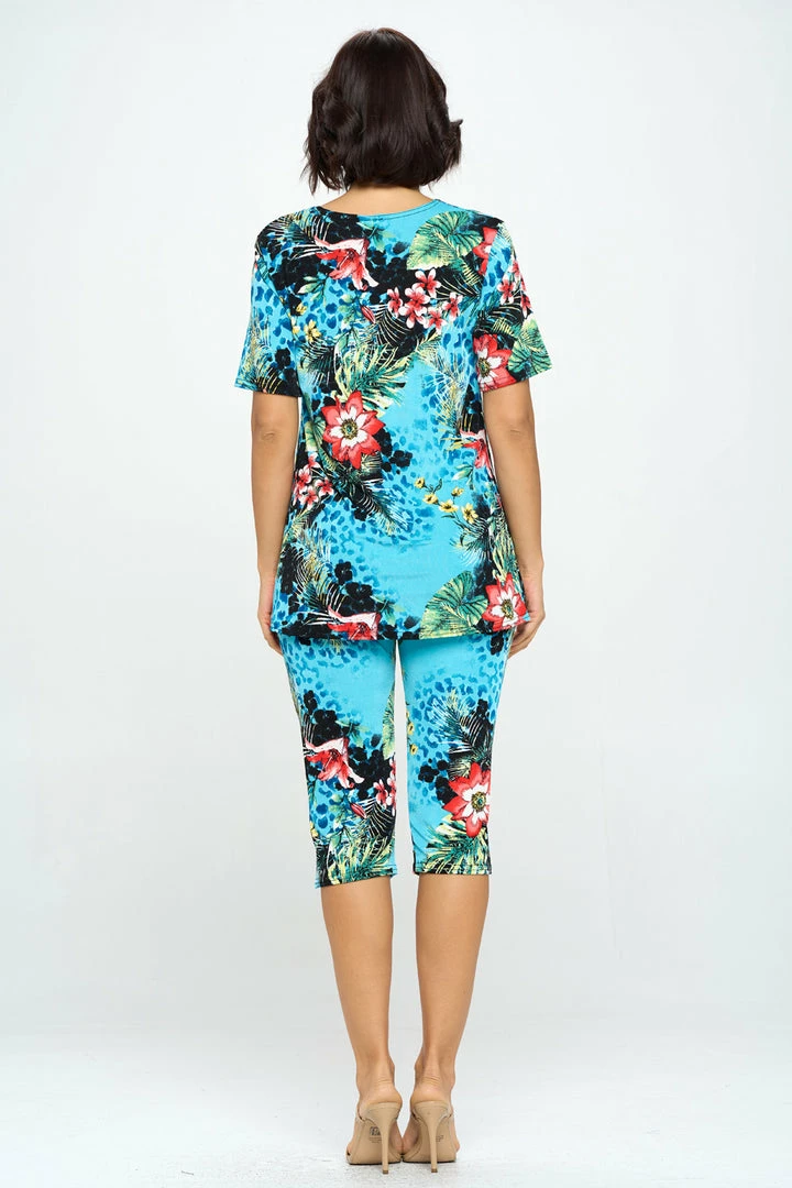 Jostar Floral Print Capri Pant Set Short Sleeve-903BN-SRP1-W326 Pant Sets