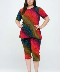 Jostar Women's Stretchy Capri Pants Set Short Sleeve Plus Print, 903BN-SXP-W182 Plus Size