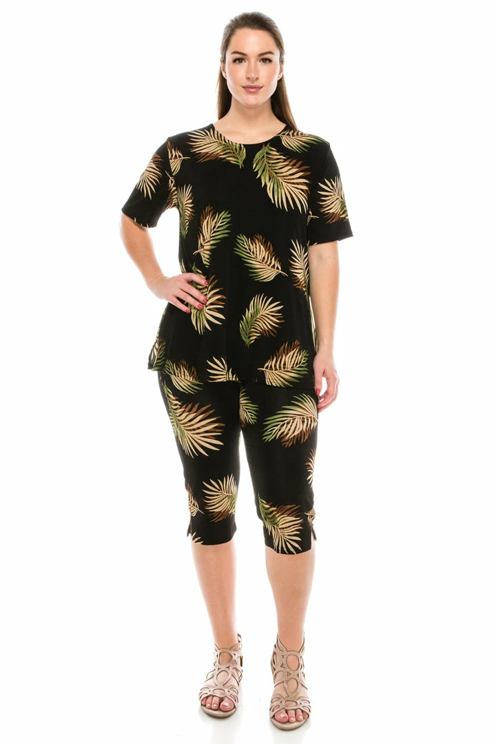 Jostar Leaves Print Capri Pant Set Short Sleeve-903BN-SRP1-W002