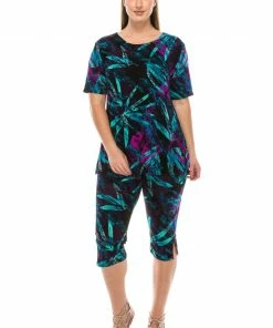 Pant Sets Jostar Women's Stretchy Capri Pants Set Short Sleeve Plus Print, 903BN-SXP-W101