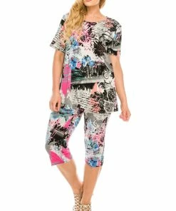 Jostar Women's Stretchy Capri Pants Set Short Sleeve Plus Print, 903BN-SXP-W169
