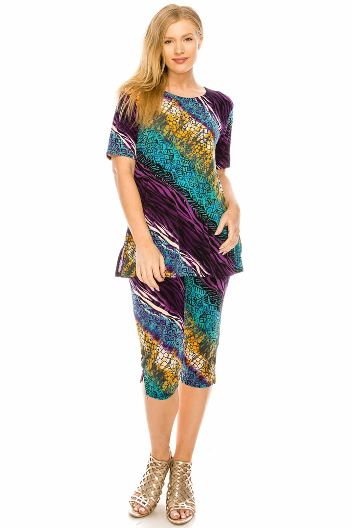 Jostar Women's Stretchy Capri Pants Set Short Sleeve Plus Print, 903BN-SXP-W182 Plus Size