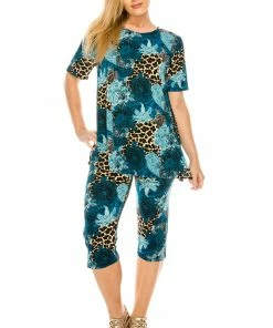 Jostar Women's Stretchy Capri Pants Set Short Sleeve Plus Print, 903BN-SXP-W188 Pant Sets