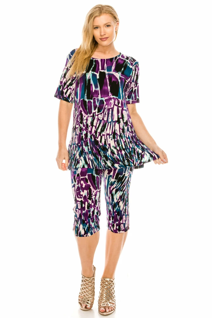 Jostar Women's Stretchy Capri Pants Set Short Sleeve Plus Print, 903BN-SXP-W195