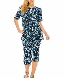 Jostar Women's Stretchy Capri Pants Set Short Sleeve Plus Print, 903BN-SXP-W196 Pant Sets