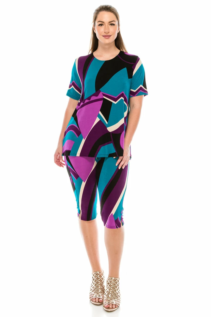 Jostar Women's Stretchy Capri Pants Set Short Sleeve Plus Print, 903BN-SXP-W077 Pant Sets