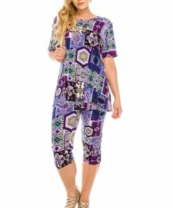 Jostar Women's Stretchy Capri Pants Set Short Sleeve Plus Print, 903BN-SXP-W166